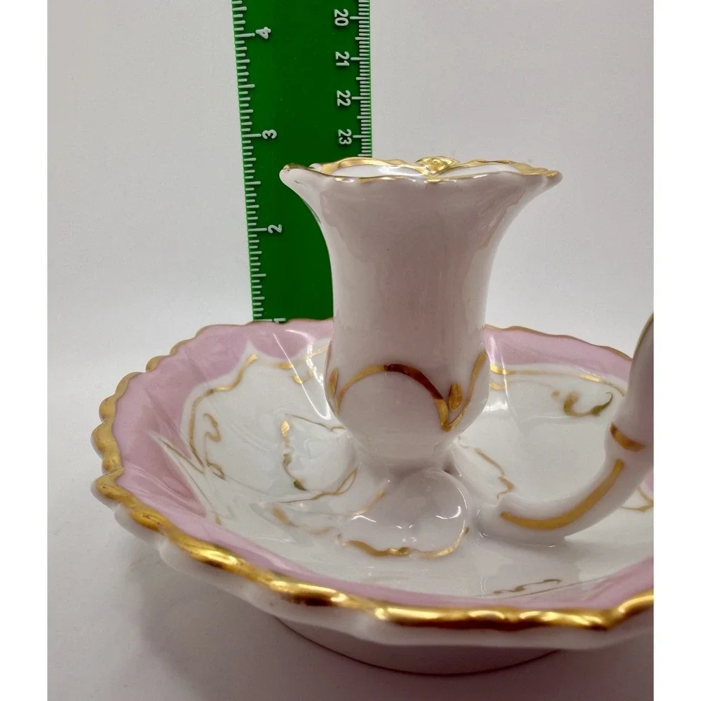 Antique Porcelain Chamberstick Candle Holder Pink Gold Gilt Finger Loop Mold 16